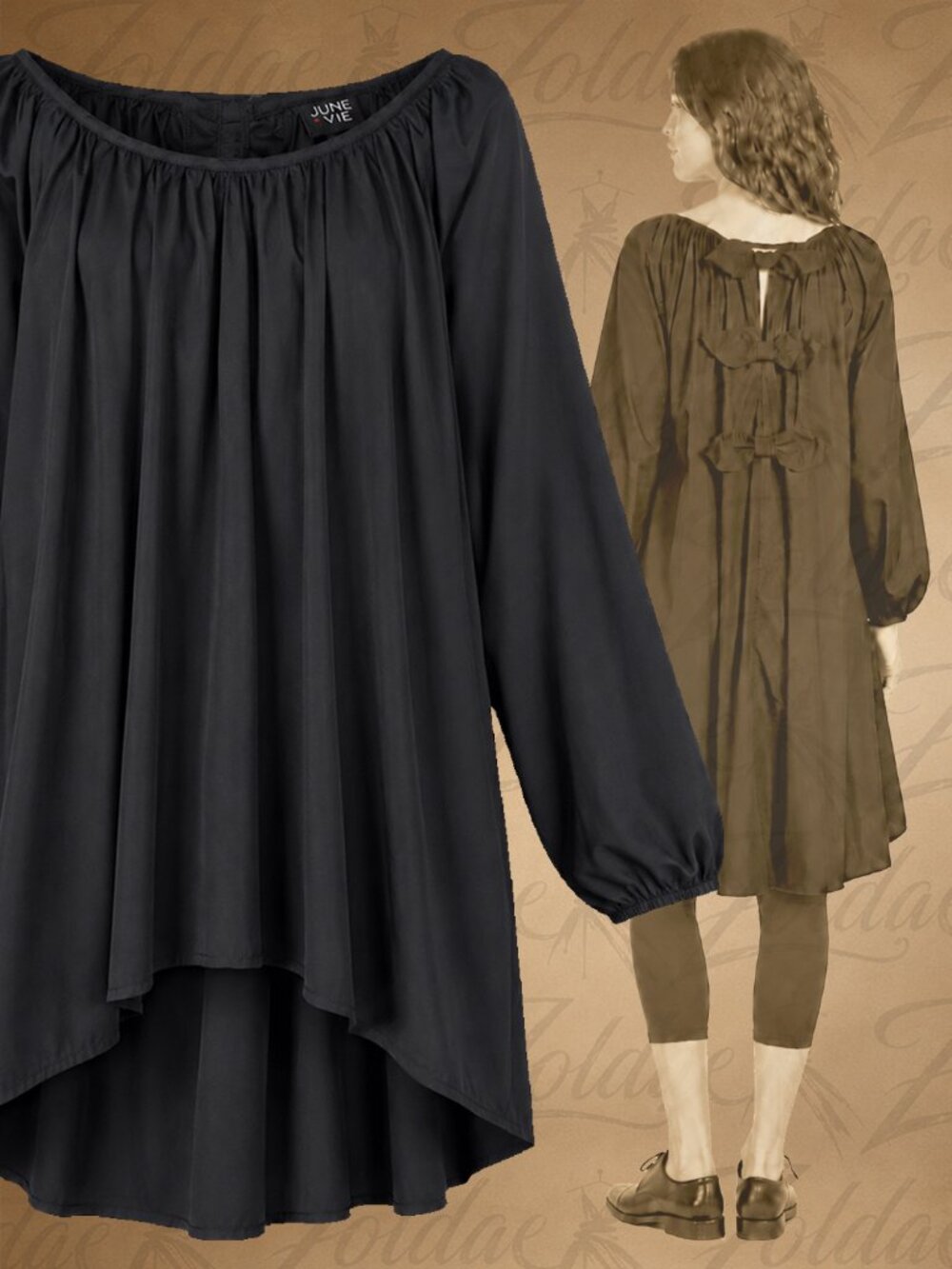 June + Vie 18/20 L Black High Low Tunic Bow Back Lagenlook Boho Plus Size